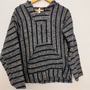 Striped Woven Baja Hoodie in Black, Cream & Navy